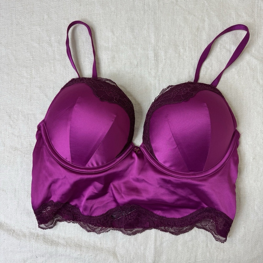Victoria's Secret Bombshell Plunge Bra Corset Bustier Size 34C Plum Satin Pushup - Picture 12 of 12